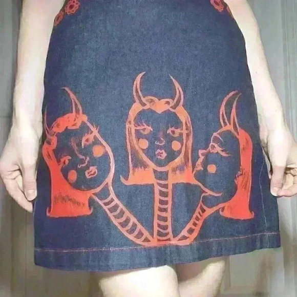 Deane & white Dresses & Skirts - Vintage Y2K goth devil dark wash denim skirt with pockets  & red contrast stitch